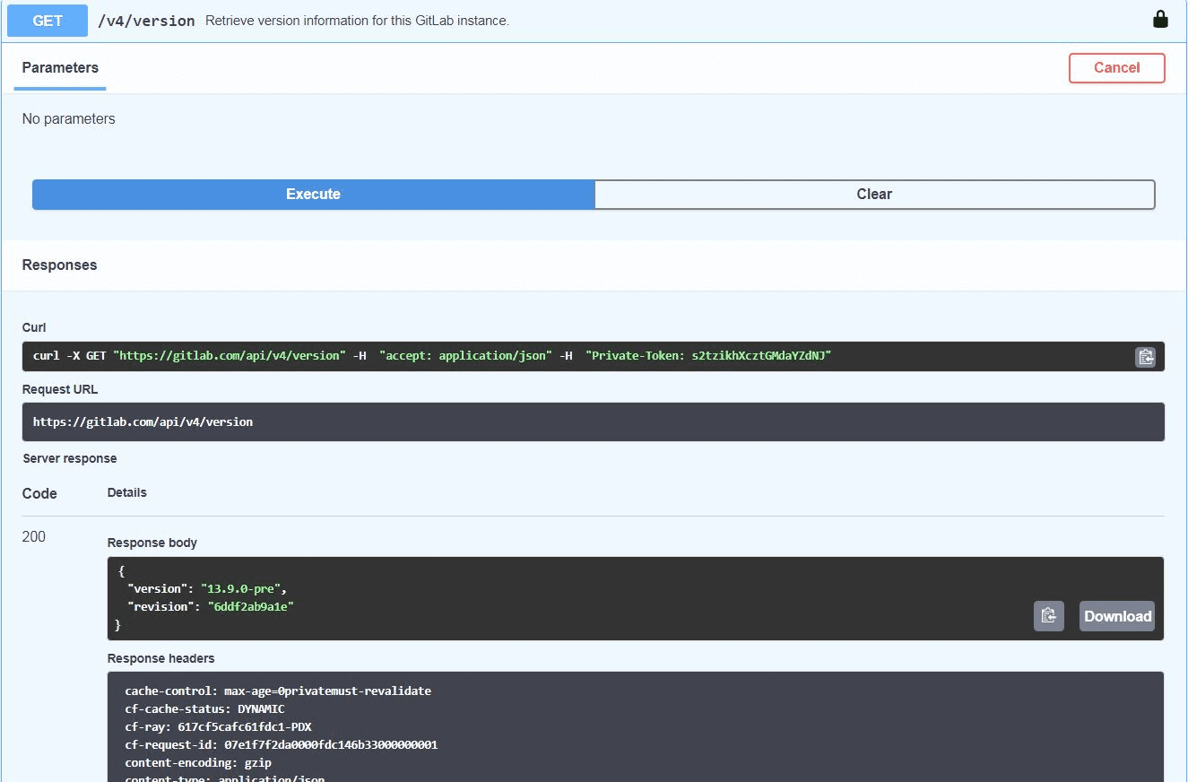 The endpoint test view that includes the request and response.
