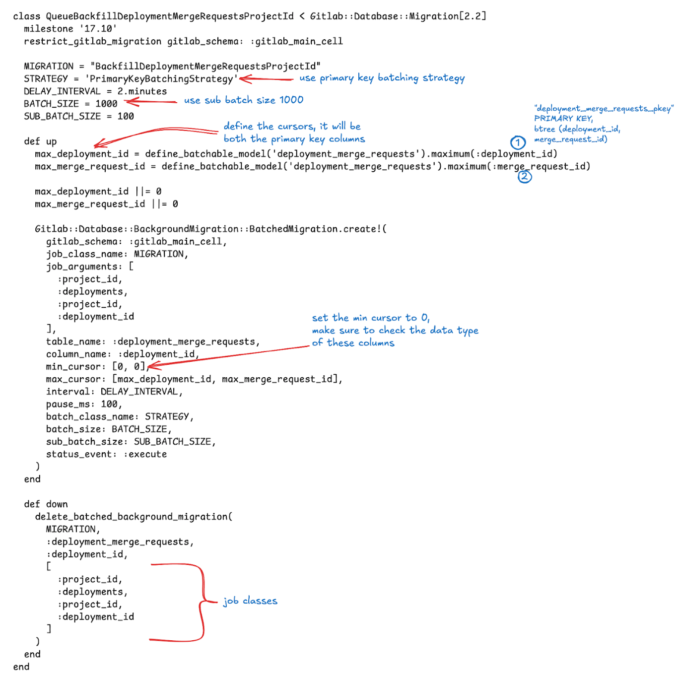 Migration code using cursor-based batching with deployment_id and merge_request_id columns.